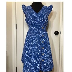 Skue Blue White Floral Ruffle Sleeve Button Front Midi Dress Women's Size S